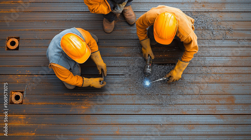 Welders at work on ship repairs, focused on their tasks with precision. scene captures teamwork and dedication involved in metalwork photo