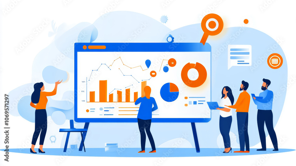 Team collaborating on data analysis with charts and graphs displayed. Engaging visuals highlight teamwork and innovation in modern workspace Team collaborating on data analysis with charts and graphs displayed. Engaging visuals highlight teamwork and innovation in modern workspace