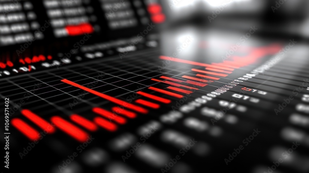 Close-up of a financial chart showing a red line going down. Close-up of a financial chart showing a red line going down.