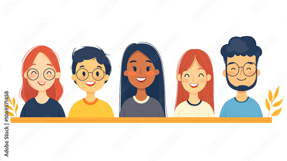 Diverse group of five people with different ethnicities and hairstyles, smiling happily together. Their expressions convey joy and friendship Diverse group of five people with different ethnicities and hairstyles, smiling happily together. Their expressions convey joy and friendship
