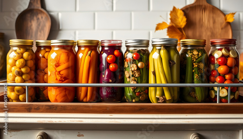 Autumn seasonal pickled or fermented vegetables in jars placed in row over vintage kitchen drawer, white wall background, copy space. Fall home food preserving or canning isolated with white highlig photo