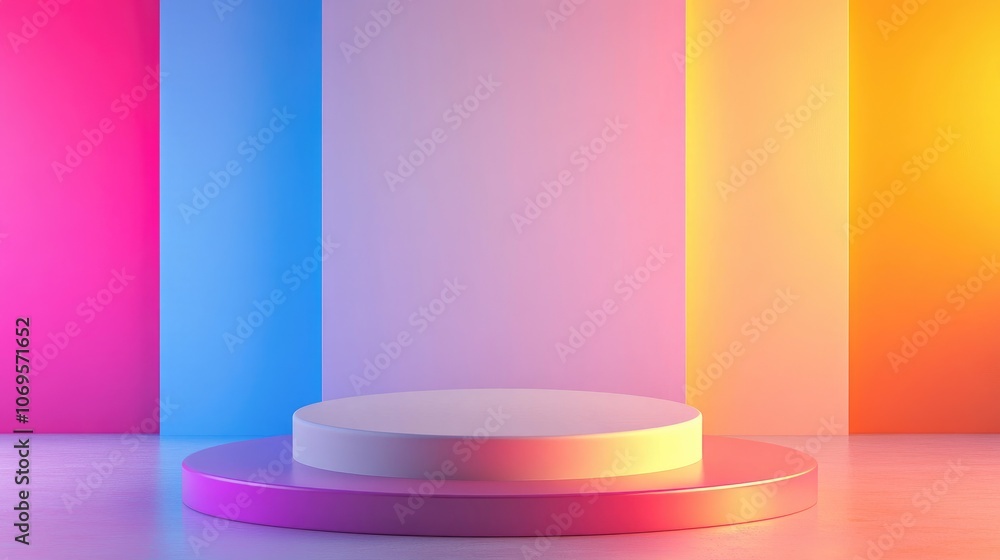 Two-tiered Circular Podium Against a Colorful Gradient Wall Two-tiered Circular Podium Against a Colorful Gradient Wall