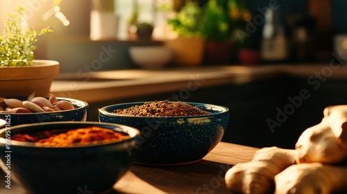 Fototapeta Naklejka Na Ścianę i Meble -  Cozy kitchen scene with bowls of vibrant spices and fresh herbs, capturing the essence of home cooking in warm natural light.