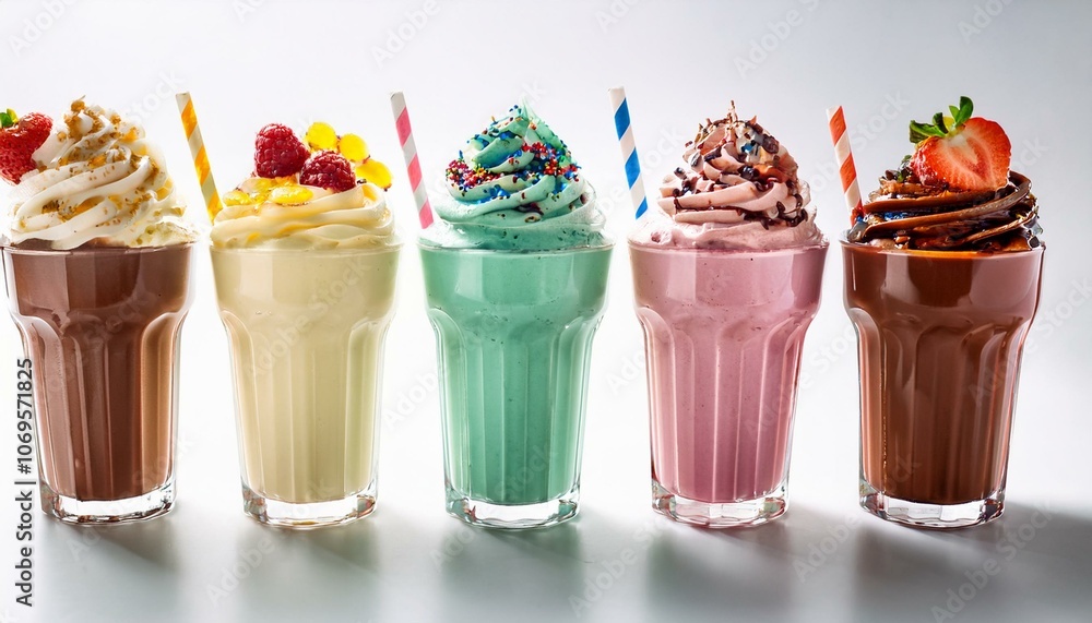 Vibrant, multi-flavored milkshakes with unique toppings, Vibrant, multi-flavored milkshakes with unique toppings,