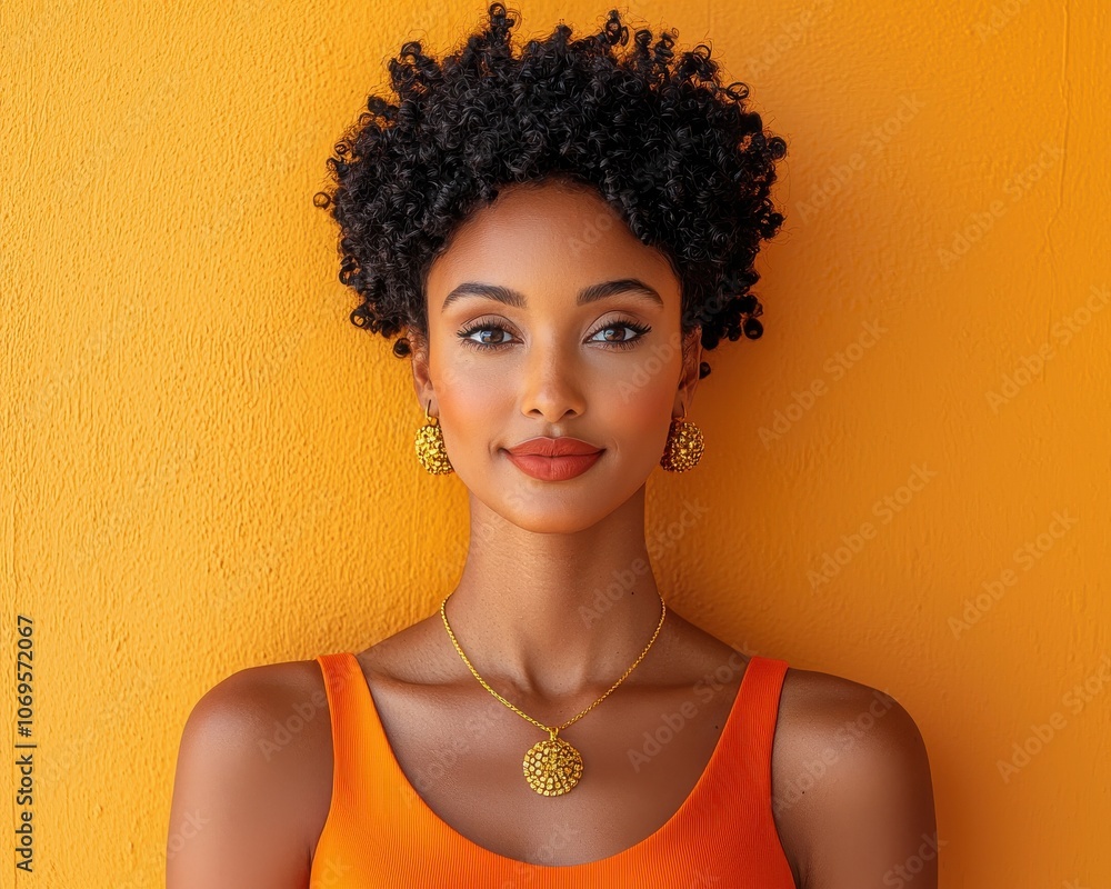 A woman with a stylish curly afro wears vibrant orange clothing and accessories, posing against a matching backdrop that enhances her lively appearance. A woman with a stylish curly afro wears vibrant orange clothing and accessories, posing against a matching backdrop that enhances her lively appearance.