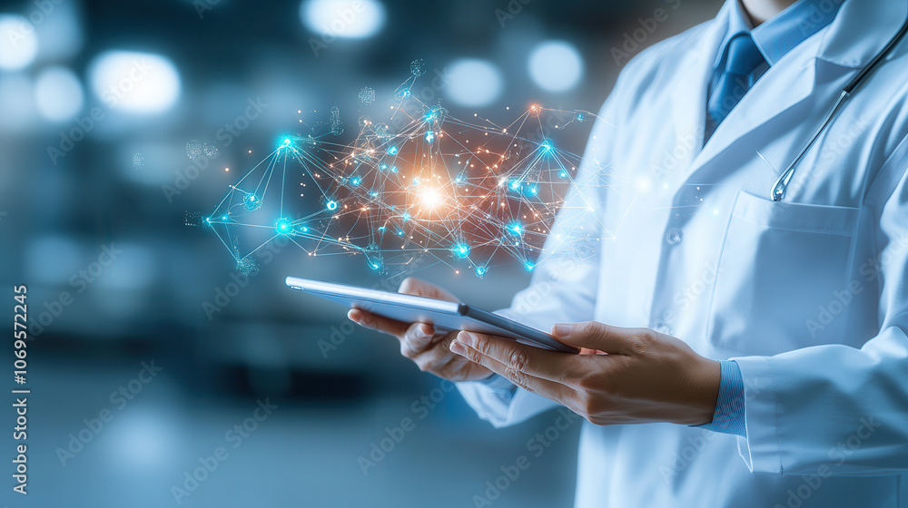 Doctor using tablet in modern medical facility, showcasing digital connections and data visualization. scene reflects innovation in healthcare technology Doctor using tablet in modern medical facility, showcasing digital connections and data visualization. scene reflects innovation in healthcare technology