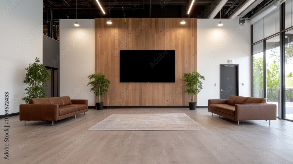 Modern Office Lounge Area with Large Monitor Display Modern Office Lounge Area with Large Monitor Display