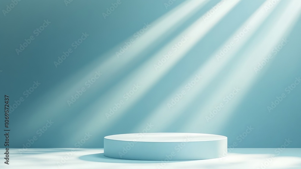 White Cylinder Platform with Light Streaks on Blue Background