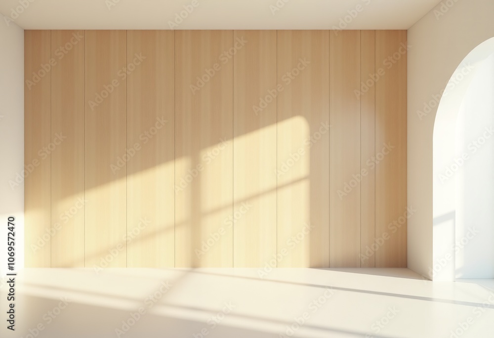 Spacious Curved Room with Light Wood Panels: Natural Lighting, Soft Shadows, Realistic Texture, Empty Interior, White Ceiling and Floor, Warm Ambiance, Spacious Curved Room with Light Wood Panels: Natural Lighting, Soft Shadows, Realistic Texture, Empty Interior, White Ceiling and Floor, Warm Ambiance,