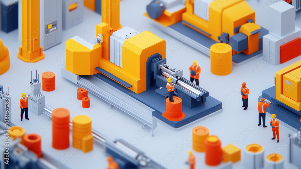 vibrant axonometric drawing of minimalist factory interior showcasing machinery and workers in orange and gray tones, creating dynamic industrial atmosphere vibrant axonometric drawing of minimalist factory interior showcasing machinery and workers in orange and gray tones, creating dynamic industrial atmosphere