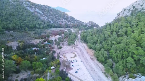 The scenic view of the ancient city of Olympos by drone