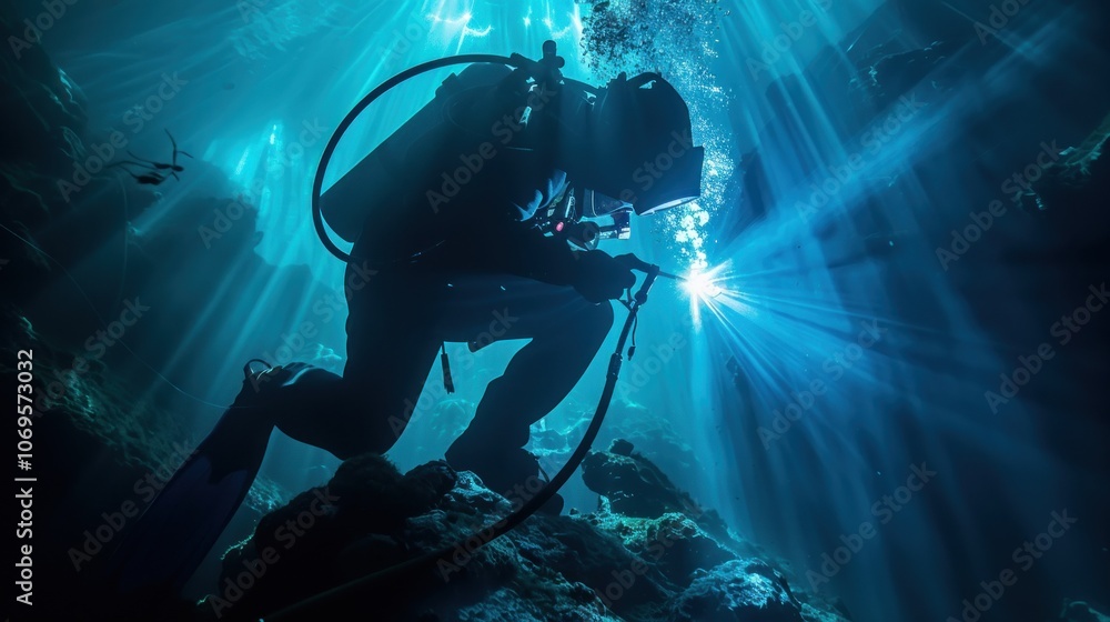 Fototapeta premium Silhouette of a Diver performing a welding task underwater, AI generated image