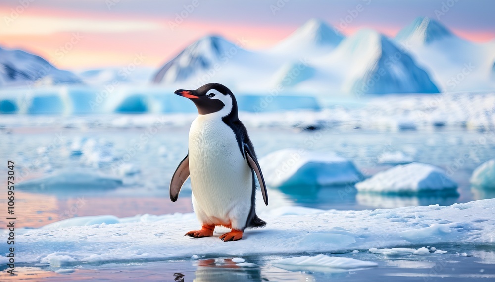 Fototapeta premium Majestic penguin on iceberg at sunrise in antarctic landscape
