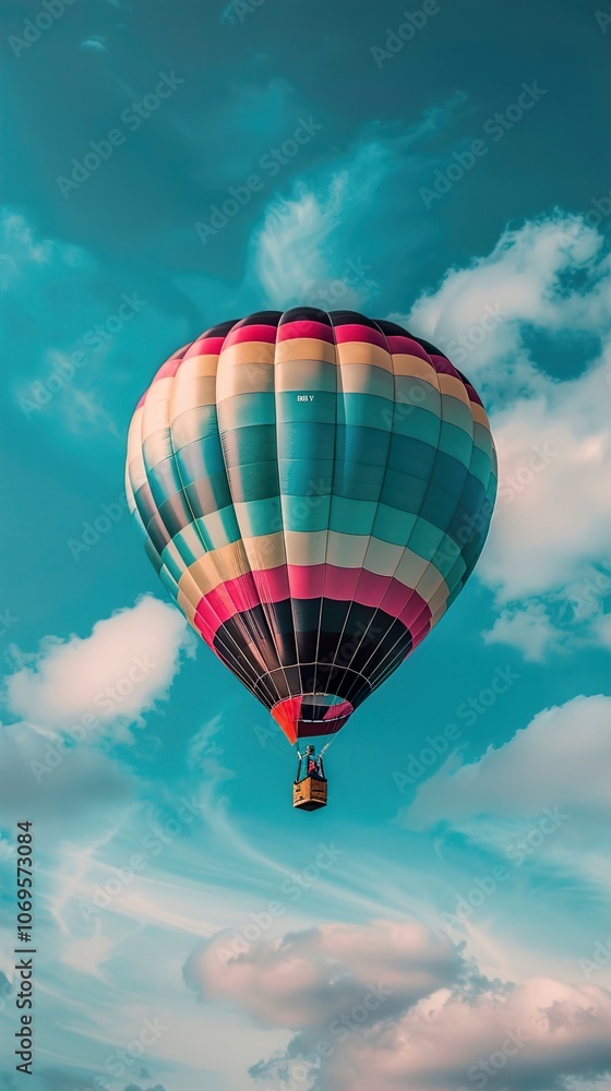 Naklejka premium Hot Air Balloon Soaring Through the Clouds: A Breathtaking Aerial View