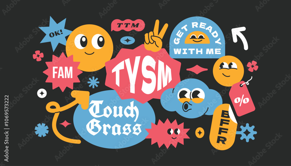 Cool and trendy sticker retro, 90's style y2k, Gen z and millenials quote slang. Patch, badge, sticker, tags. Cool and trendy sticker retro, 90's style y2k, Gen z and millenials quote slang. Patch, badge, sticker, tags.