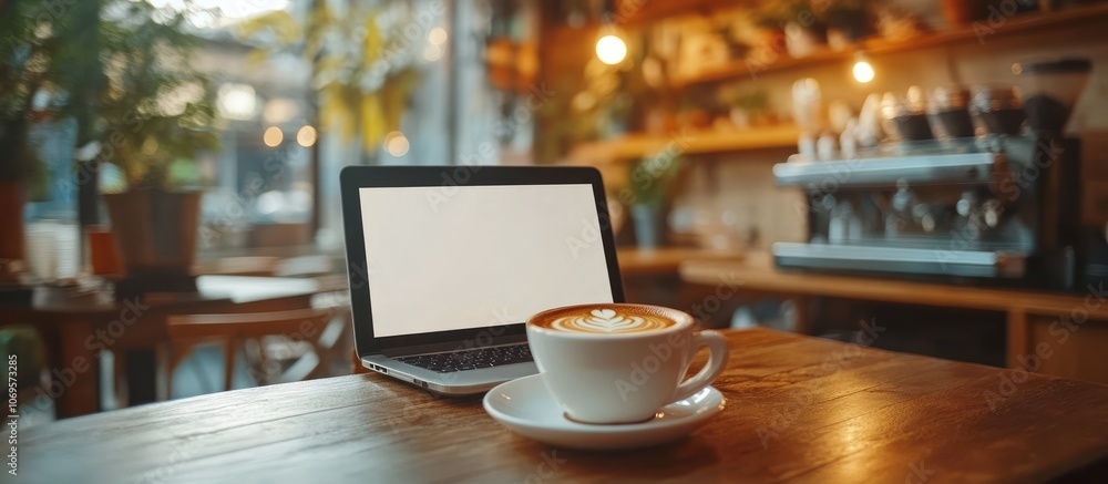 A laptop with a blank screen sits next to a cup of latte on a wooden table in a coffee shop. A laptop with a blank screen sits next to a cup of latte on a wooden table in a coffee shop.