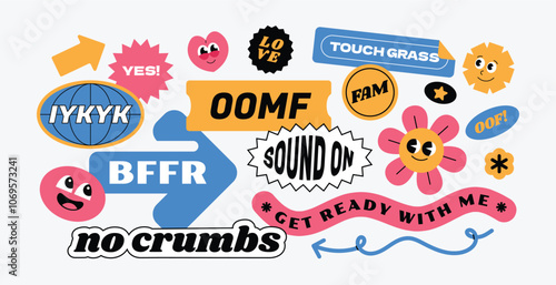 Cool and trendy sticker retro, 90's style y2k, Gen z and millenials quote slang. Patch, badge, sticker, tags.