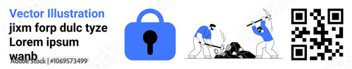 Two miners excavating data, a blue padlock symbol, text passages, and a QR code. Ideal for cybersecurity, data protection, digital security, online privacy, software development, technology