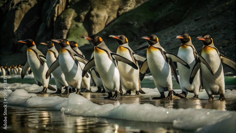 Obraz premium king penguin colony. penguin, bird, penguins, antarctica, animal, wildlife, animals, nature, snow, cold, ice, white, king, polar, birds, emperor, standing, winter, cute, antarctic, emperor penguin, ar