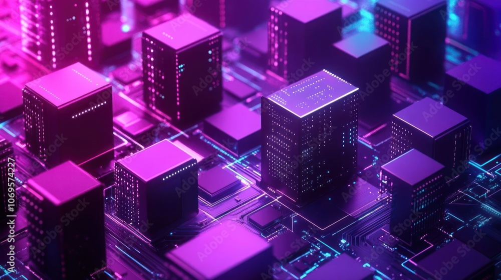A vibrant digital landscape featuring interconnected microchips and circuits in purple hues. A vibrant digital landscape featuring interconnected microchips and circuits in purple hues.