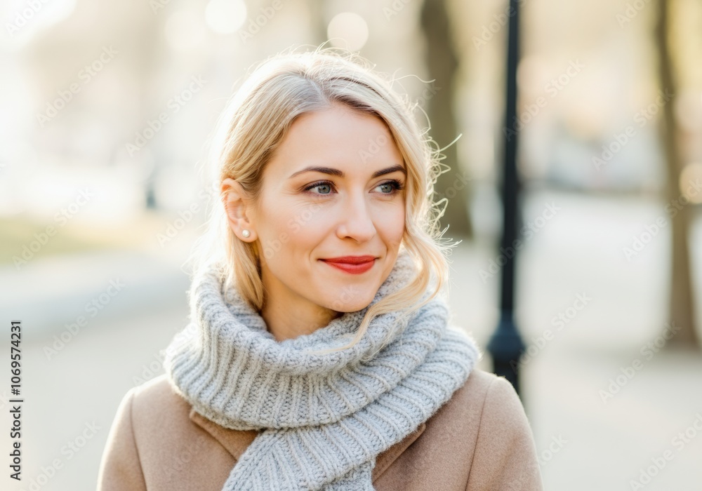 Portrait of a Woman in a Beige Coat and Knitted Scarf Portrait of a Woman in a Beige Coat and Knitted Scarf
