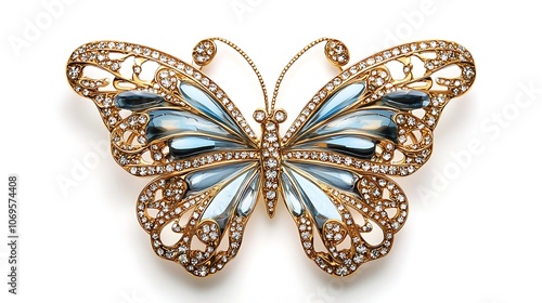 The shimmering wings of this gold and blue butterfly brooch are accented with tiny sparkling gemstones, creating a dazzling effect as they catch the light from every angle.