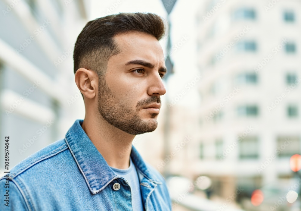 Portrait of young man looking away in a city Portrait of young man looking away in a city