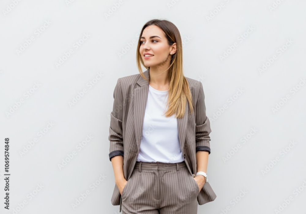 Stylish Woman in Striped Suit Jacket Stylish Woman in Striped Suit Jacket