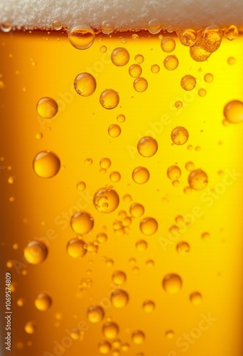 Liquid Gold: Extreme Close-up of Beer Bubbles, Amber Texture Photography, Carbonated Beverage Surface, Rich Yellow-Orange Background, High-Detail Commercial Drink Imagery