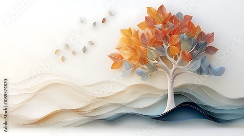 Fototapeta Naklejka Na Ścianę i Meble -  The illustration features a vibrant and luscious tree with intricately designed multicolor leaves hanging gracefully from its branches