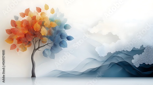 Fototapeta Naklejka Na Ścianę i Meble -  The illustration features a vibrant and luscious tree with intricately designed multicolor leaves hanging gracefully from its branches