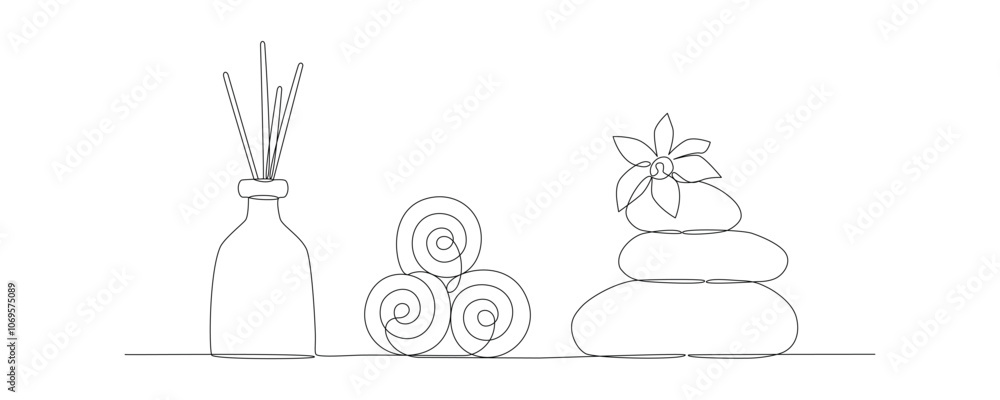 Zen, balance and harmony concept, wellness and spa treatments, stones, towels, lotus flower and aroma diffuser with sticks, drawn with continuous line in minimalism, editable vector contour. Zen, balance and harmony concept, wellness and spa treatments, stones, towels, lotus flower and aroma diffuser with sticks, drawn with continuous line in minimalism, editable vector contour.