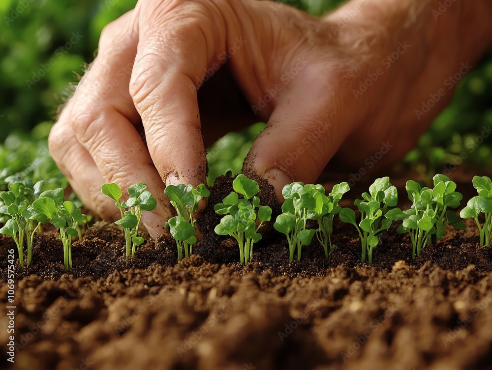 A hand gently plants a small seedling in a row of others, the soil is dark and rich. A hand gently plants a small seedling in a row of others, the soil is dark and rich.
