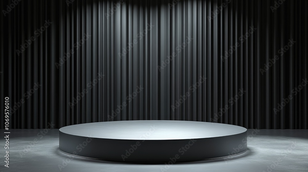 Black Circular Pedestal with Spotlight on Draped Background Black Circular Pedestal with Spotlight on Draped Background