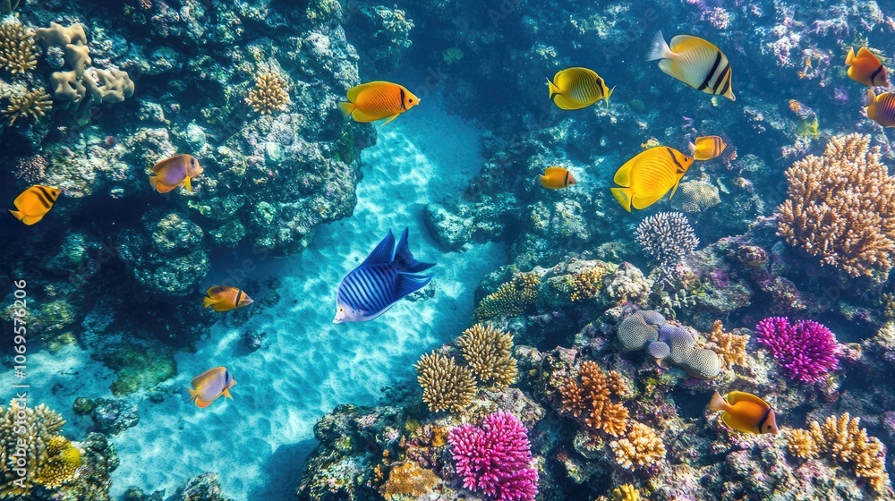 Fototapeta premium Vibrant Coral Reef with Colorful Fish Underwater Scene