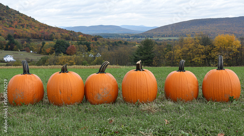 Rows of pumpkins in a farm field with rolling hills in the background. photo