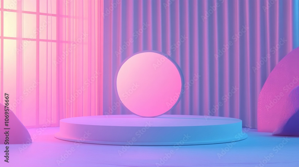 Neon-lit Abstract Display with Circular Platform and Geometric Shapes Neon-lit Abstract Display with Circular Platform and Geometric Shapes