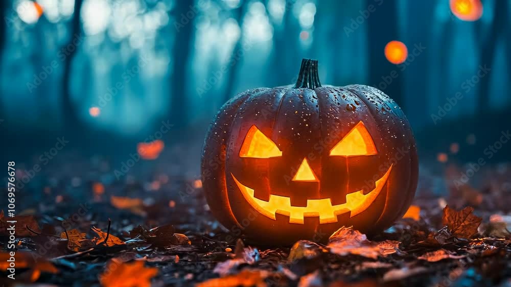 A glowing jack-o’-lantern sits amidst fallen leaves in a misty, eerie forest, evoking the spooky essence of Halloween. The scene captures a magical twilight atmosphere with a touch of mystery. A glowing jack-o’-lantern sits amidst fallen leaves in a misty, eerie forest, evoking the spooky essence of Halloween. The scene captures a magical twilight atmosphere with a touch of mystery.