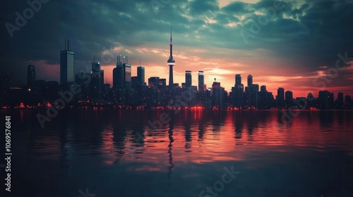 A vibrant sunset over a city skyline reflecting in water, showcasing urban beauty.