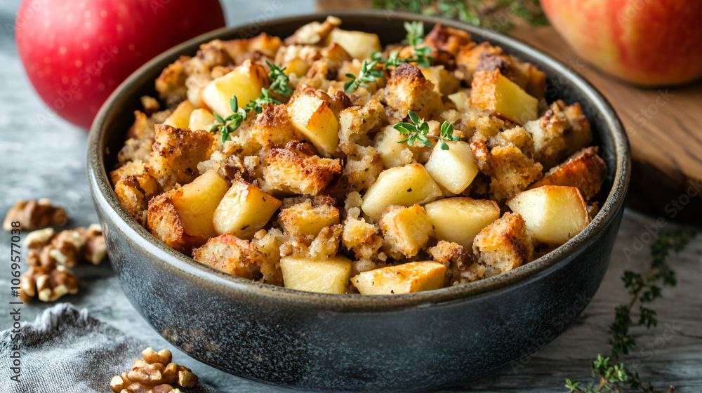 Savory apple stuffing with walnuts, a delicious Thanksgiving side dish. Savory apple stuffing with walnuts, a delicious Thanksgiving side dish.