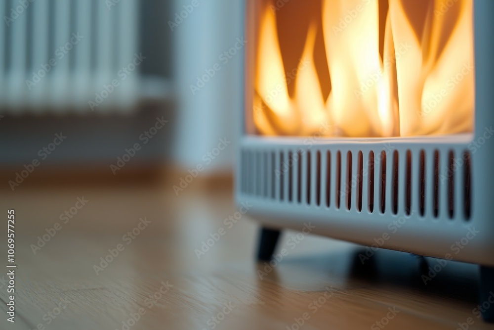 A white heater with a fire burning inside A white heater with a fire burning inside