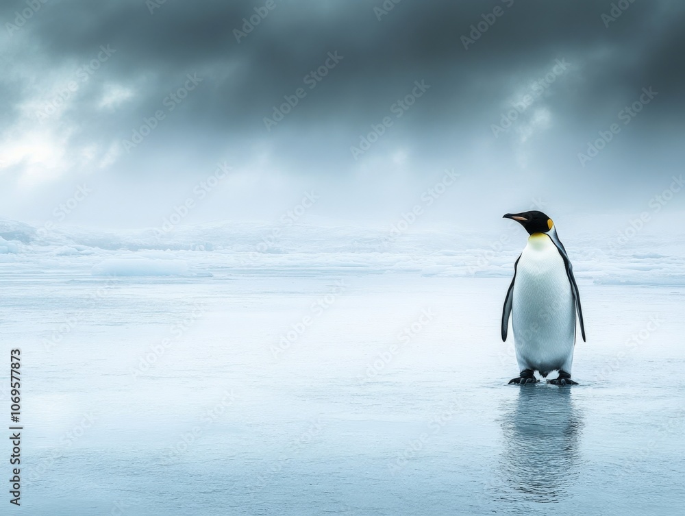 Fototapeta premium Solitary Emperor Penguin on Frozen Ice Landscape