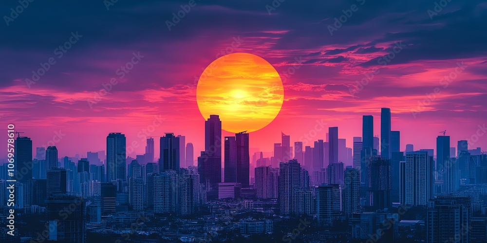 Fototapeta premium A large, orange sun sets behind a cityscape with a pink and purple sky.