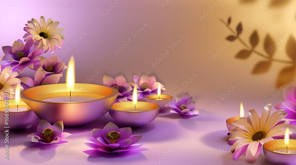 Oil Lamps and Flowers for Diwali - a festive and charming visual. The oil lamps and flowers for Diwali create a warm and inviting look. It gives the impression of a traditional celebration, making it Oil Lamps and Flowers for Diwali - a festive and charming visual. The oil lamps and flowers for Diwali create a warm and inviting look. It gives the impression of a traditional celebration, making it