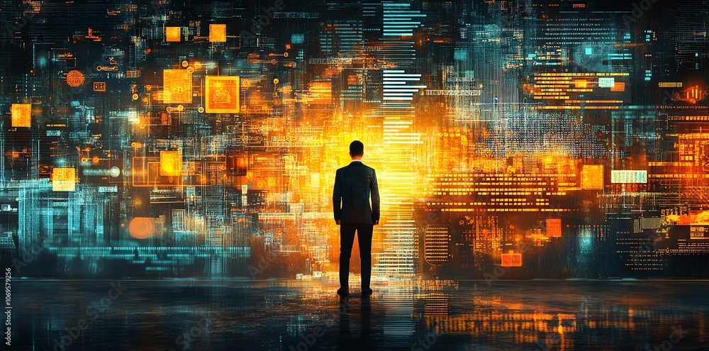 A lone businessman stands in front of a digital wall of information. A lone businessman stands in front of a digital wall of information.