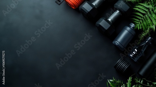 Gym equipment on dark background with dumbbells, jump rope, and greenery. Perfect for fitness themes, workouts, and healthy lifestyle concepts. photo