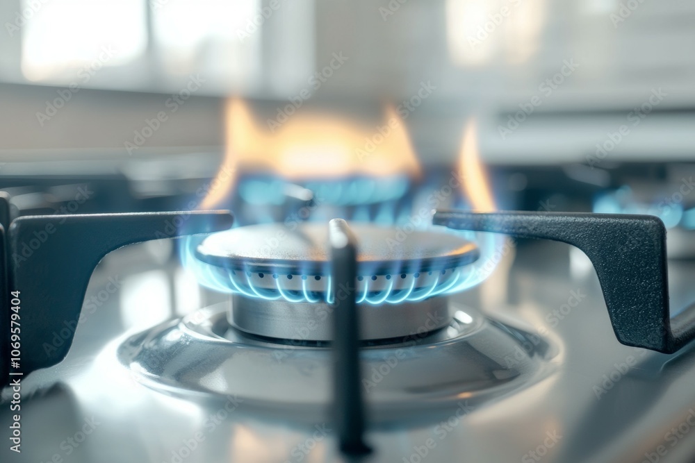 A gas stove burner is lit, with a blue flame A gas stove burner is lit, with a blue flame