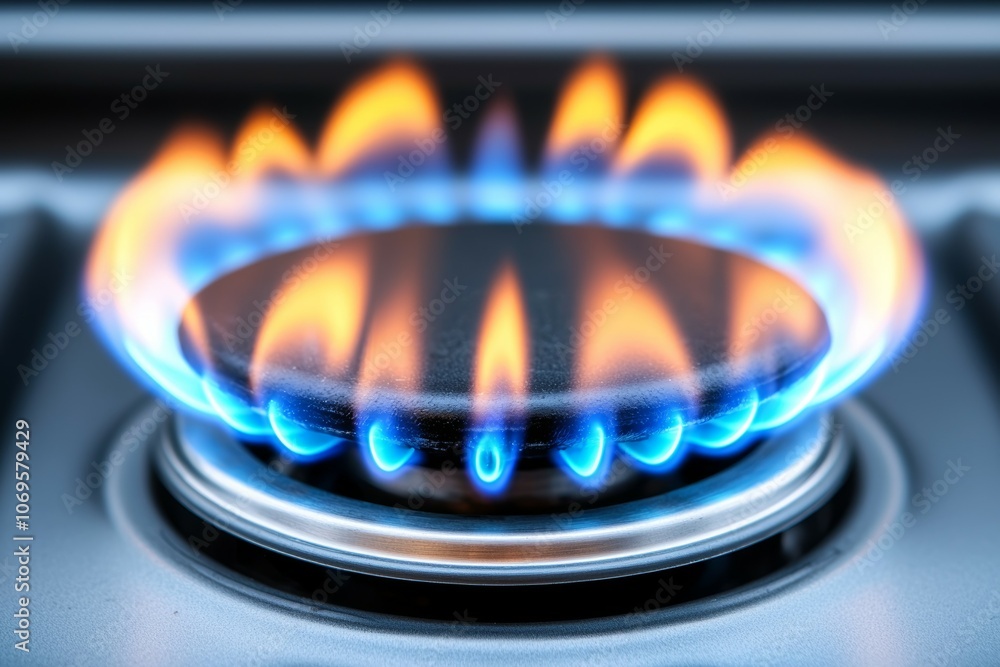 A stove burner is lit with a blue flame A stove burner is lit with a blue flame