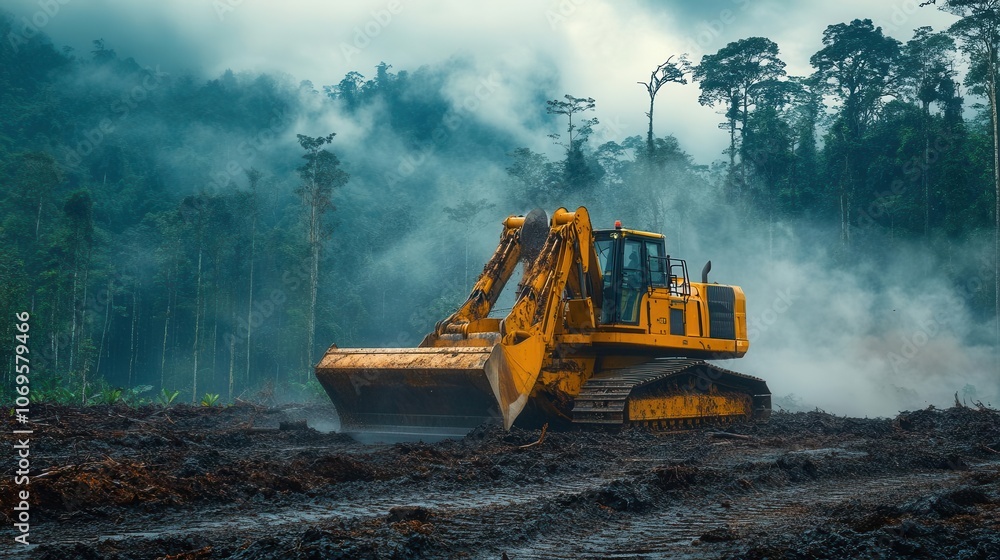 heavy machinery aggressively felling trees in a desolate forest, underscoring the urgent need for conservation efforts, with space left for impactful text heavy machinery aggressively felling trees in a desolate forest, underscoring the urgent need for conservation efforts, with space left for impactful text