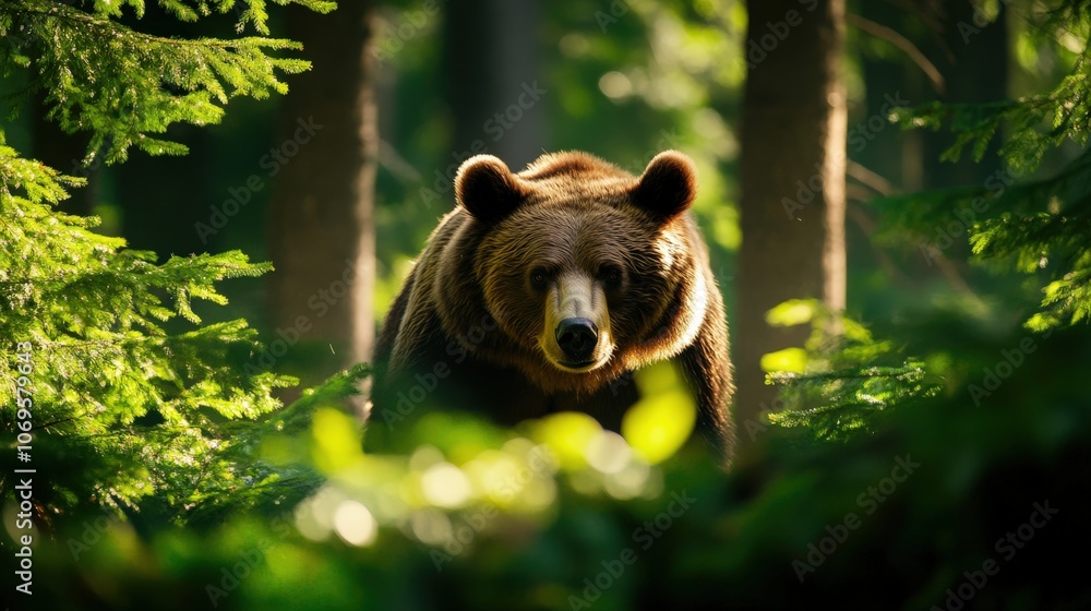 Fototapeta premium Majestic brown bear emerges from lush forest, illuminated by soft sunlight. Captures the serene beauty and mystery of wildlife in nature.
